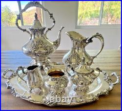 Reed & Barton King Francis Silverplate 7 Pc Coffee Tea Set w Kettle Stand Tray
